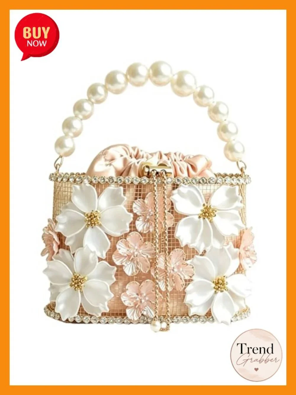 Luxury 3D Floral Rhinestone Pearl Handle Clutch Evening Bag
